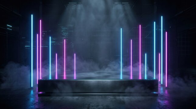 Empty stage platform with glowing blue and purple neon vertical lights in a dark room with smoke and mist effects