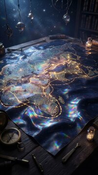 Glowing ethereal world map on wooden desk with navigation tools