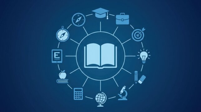 Educational concept illustration featuring a central open book surrounded by various learning icons on a dark blue background design