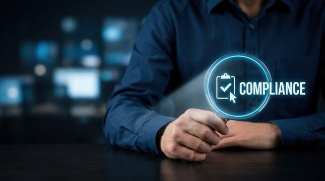 A business professional interacting with a digital holographic interface showing a compliance icon in a modern dark office environment