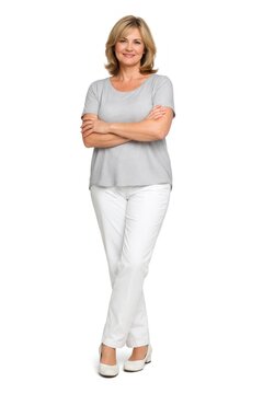 Smiling woman in casual attire, arms crossed, standing confidently.