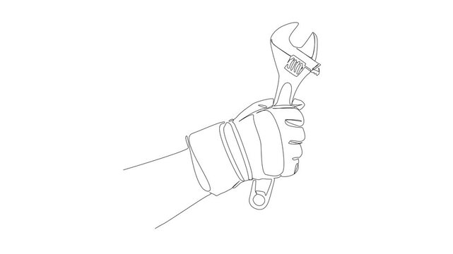 animated continuous line drawing of a gloved hand holding an adjustable wrench, repair, construction and plumbing concepts, line art animation