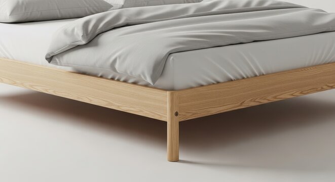 A comfortable wooden bed frame sits in the sleeping quarters featuring soft gray fabric linens that provide a relaxing place for resting during the night after a long day of working very hard