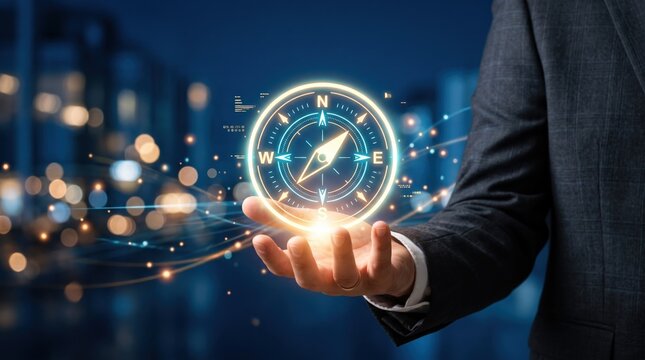Hand holding glowing compass symbolizing strategic direction and guidance, leadership vision and navigation for business path finding and goal achievement in dynamic market