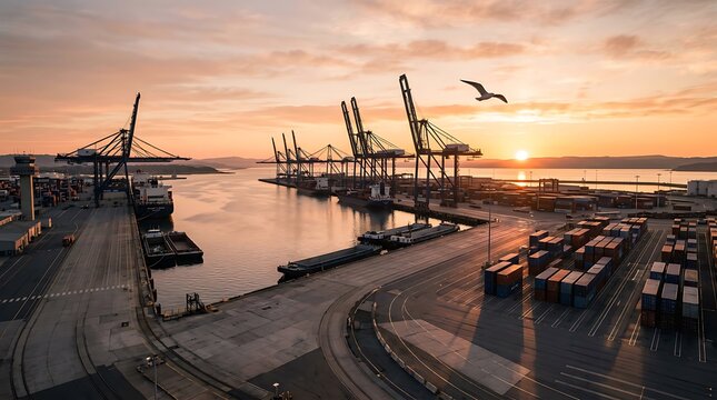 Industrial cargo port terminal at sunrise with shipping cranes and containers.