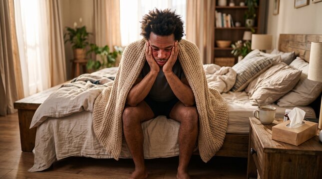 Stressed man sitting on bed with hands on face in bedroom scene