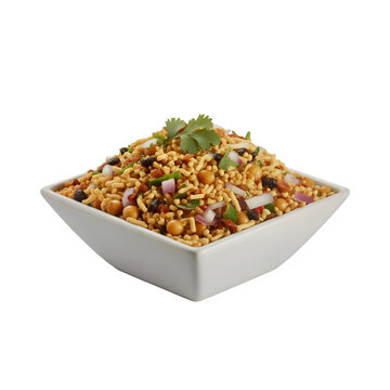 Delicious and spicy Indian street food snack mix, known as namkeen or chaat, served in a white bowl with fresh cilantro.