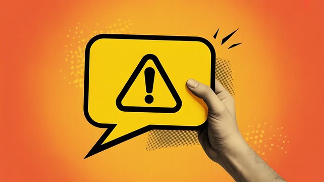 Hand holding a yellow speech bubble with a black triangle warning sign symbol on a vibrant orange background, for safety and, caution alert concepts