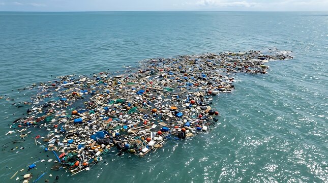 Massive patch of floating plastic waste in the middle of the ocean.