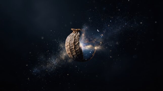 Poppy seed pod floating in deep space with glowing nebula