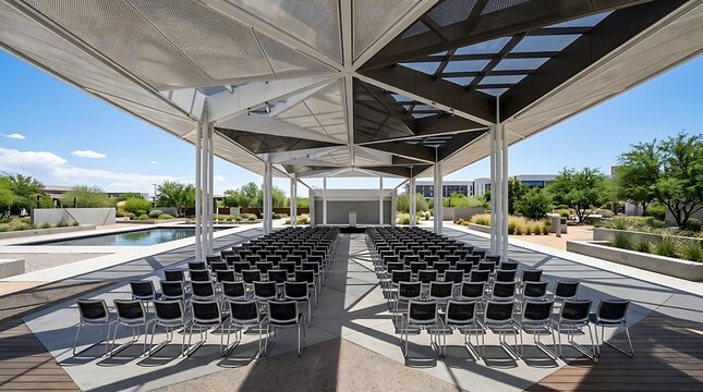 Modern open air amphitheater with rows of chairs in a park setting.