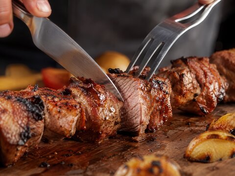 Nahaufnahme von saftig gegrilltem Schaschlikfleisch beim Anschneiden mit Messer und Gabel, mit karamellisierter Kruste und zartem Inneren auf rustikalem Holzbrett.