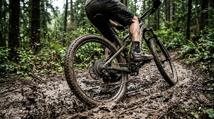Fototapeta premium Mountain biker riding through a muddy forest trail.