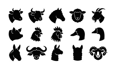 Naklejka premium Set of black silhouette icons representing various farm animals and livestock