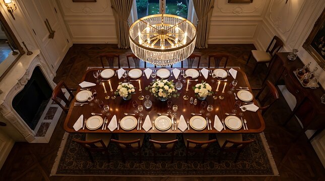 Overhead view of a luxurious dining room table set for a formal dinner party.