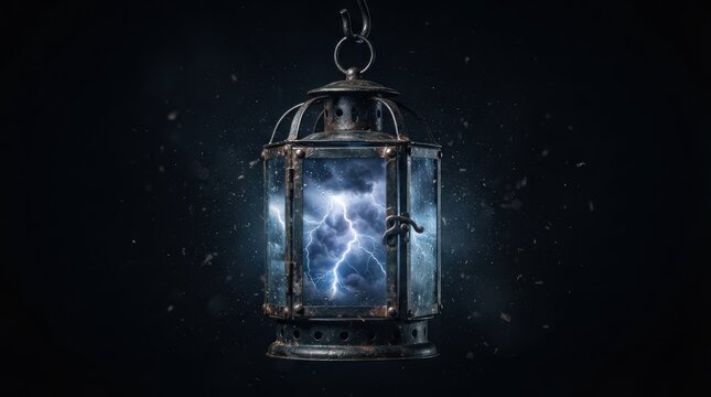 Vintage metal lantern containing a magical storm with lightning
