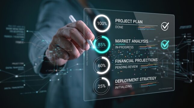 Hand touching transparent virtual screen displaying project plan progress bars and checklist, business management dashboard interface, strategic planning, financial projections