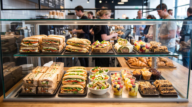 Display of assorted sandwiches, salads, and desserts in a modern cafe with patrons in the background, showcasing a variety of fresh food options on a wooden counter