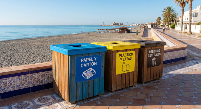 Recycling bins for paper, plastic, and general waste on a beach promenade with palm trees and ocean view under clear blue sky in a coastal town