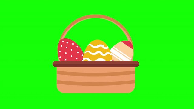 Easter Basket with Three Decorated Eggs for Spring Holiday Celebration on Green Screen