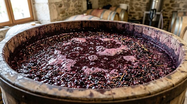 Red wine fermentation process in a wooden vat at a winery.
