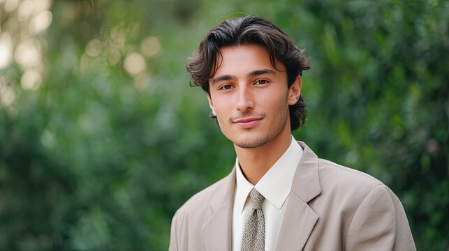 Photograph of handsome young thin Greek man with long face posing in front of camera in full length wearing formal suit with shirt and tied tie in color of suit, short dark curly hair