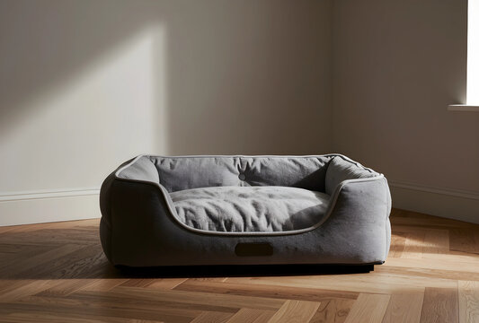 Empty gray pet bed on a wooden floor in a sunlit room, comfort and home interior concept, the comfortable pet furniture provides a cozy space for domestic animals