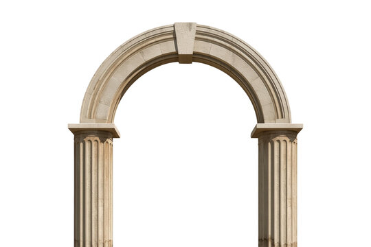 Pale stone architectural arch with fluted columns isolated on transparent background
