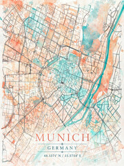 Naklejka premium Munich City Map Poster in Watercolor Style, Soft Hand Painted Wall Art Print of Munich, Germany