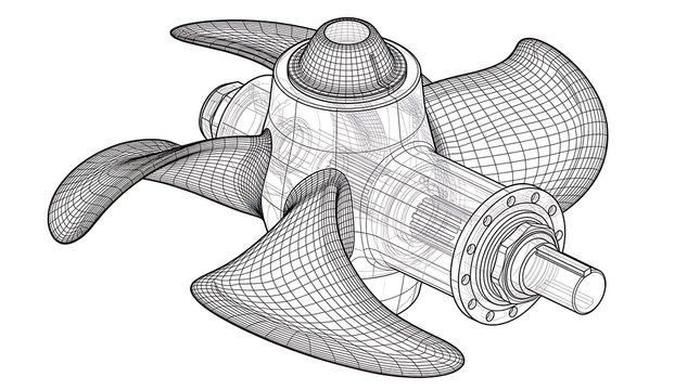 Three blade boat propeller technical wireframe engineering model illustration