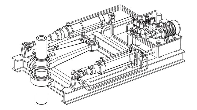 Industrial hydraulic actuator mechanism technical drawing engineering blueprint system component