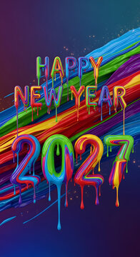 Colorful Happy New Year 2027 with dripping rainbow paint background full hd download 2025 2026