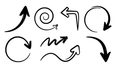 Naklejka premium Curved Hand Drawn Arrow Pointer Collection Dynamic Direction and Navigation Vector Icons