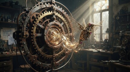 Fototapeta premium Steampunk mechanical hummingbird emerging from antique clockwork gears