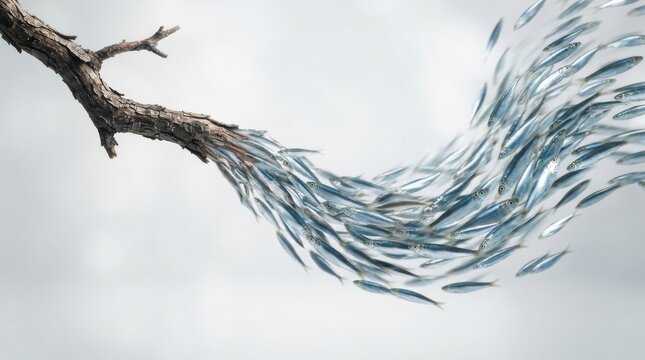 School of small fish transforming from a wooden tree branch