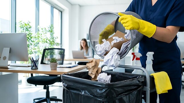Office cleaner emptying paper trash from bin into larger garbage container with cleaning cart and supplies nearby, selective focus.