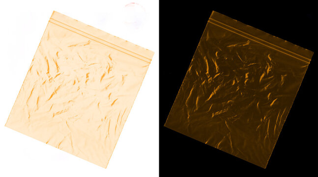 Transparent plastic zip bag texture, wrinkled polyethylene pouch on white and black background, clear storage bag mockup
