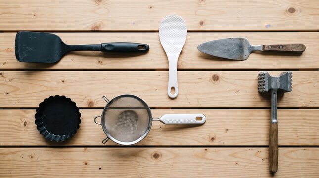 Assorted professional kitchen utensils and culinary tools flat lay on a light wooden background for cooking and baking.