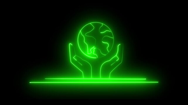Glowing neon line Human hands holding Earth globe icon isolated animation .World humanitarian day. Animated vector illustration of hand and moving globe 4K video animation.