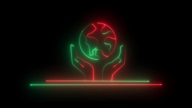Glowing neon line Human hands holding Earth globe icon isolated animation .World humanitarian day. Animated vector illustration of hand and moving globe 4K video animation.