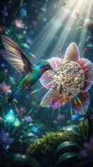 Fototapeta premium Hummingbird with clockwork mechanism in exotic flower