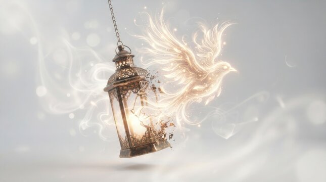 Glowing ethereal bird emerging from an ornate hanging lantern