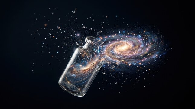 Spiral galaxy flowing out of a broken glass bottle