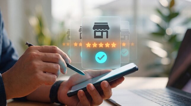 Digital business rating and customer feedback verification concept. close-up of hands using smartphone to select five-star review on holographic interface for enhancing brand trust