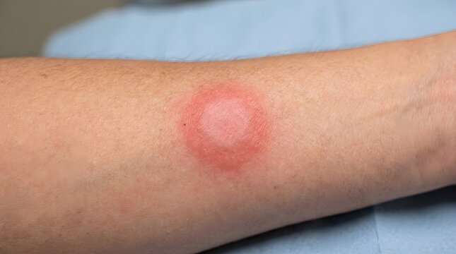 Close up of a circular red rash on human skin showing irritation and inflammation