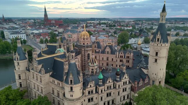 Aerial drone view of Schwerin Castle, Schloss Schwerin, in Schwerin Germany. Neo-Renaissance castle on an island.