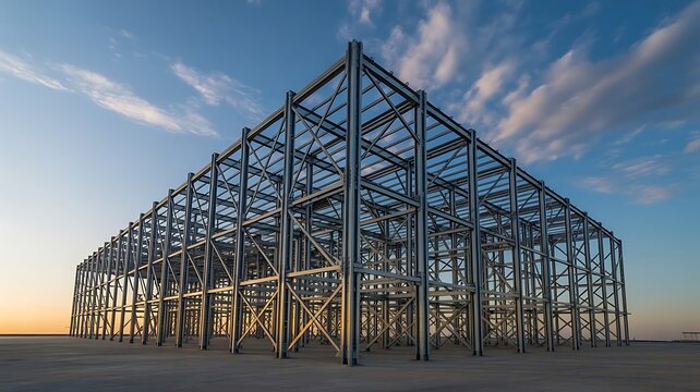 Large industrial steel framework of a multi-story building under construction against a clear blue sky during a golden hour sunset light