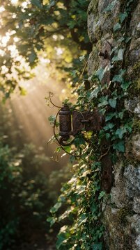 Rusty iron hinge on an old stone wall covered in ivy
