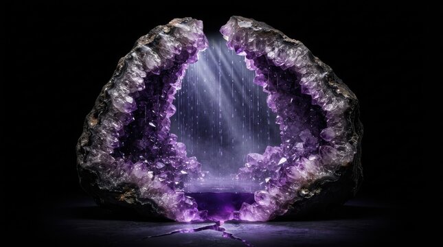 Amethyst geode crystal cavern with mystical light rays