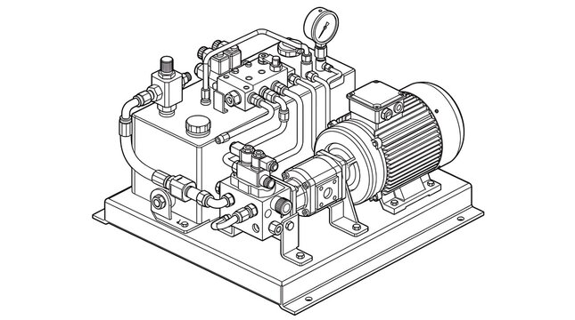 Industrial hydraulic power unit technical line drawing isometric view
